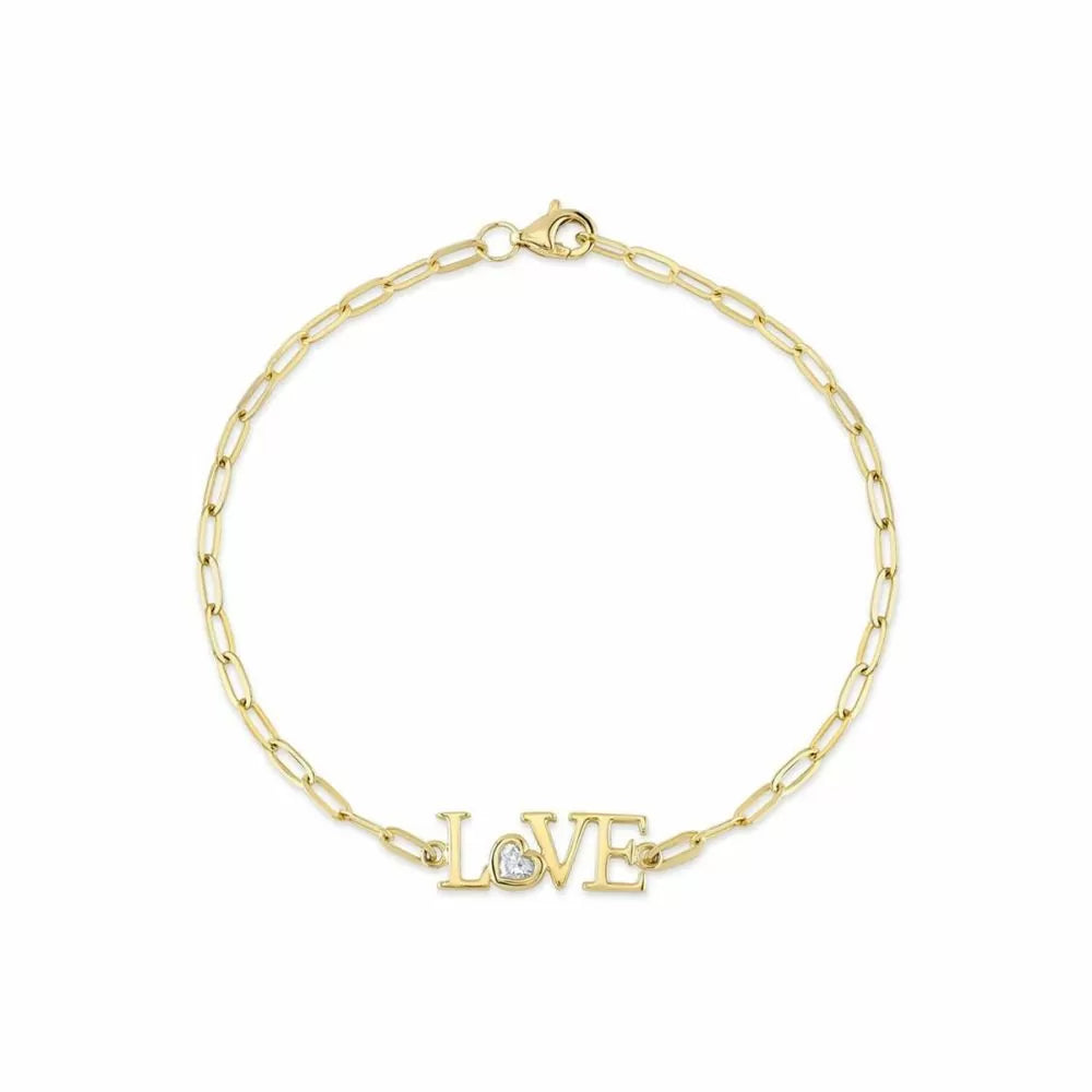 14k Yellow Gold and Diamond Love Paperclip Chain Bracelet