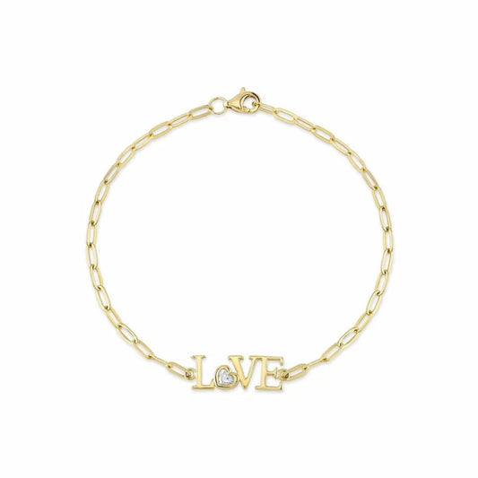 14k Yellow Gold and Diamond Love Paperclip Chain Bracelet