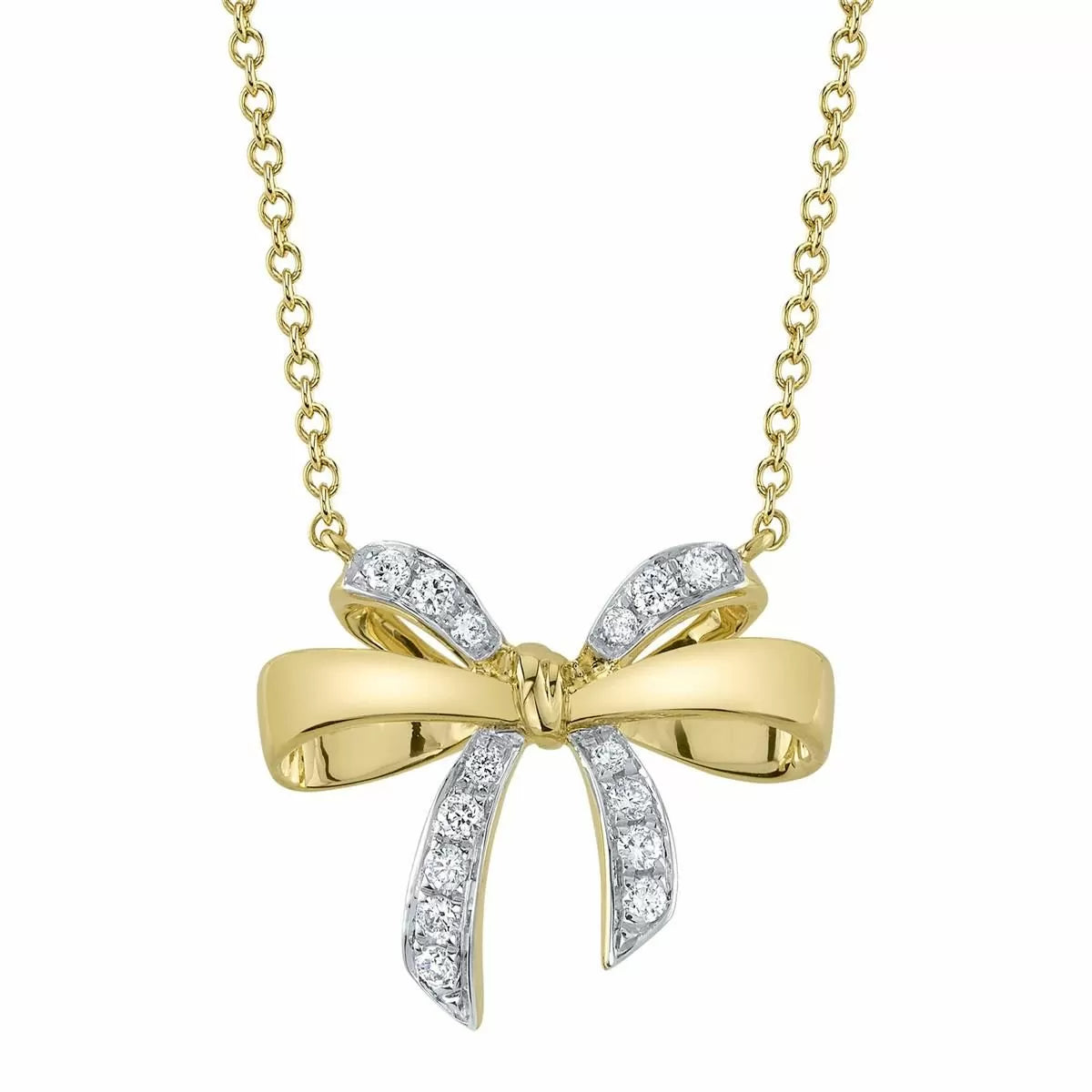 Lady S Collection 14k Yellow Gold Pave Diamond Bow Pendant Necklace