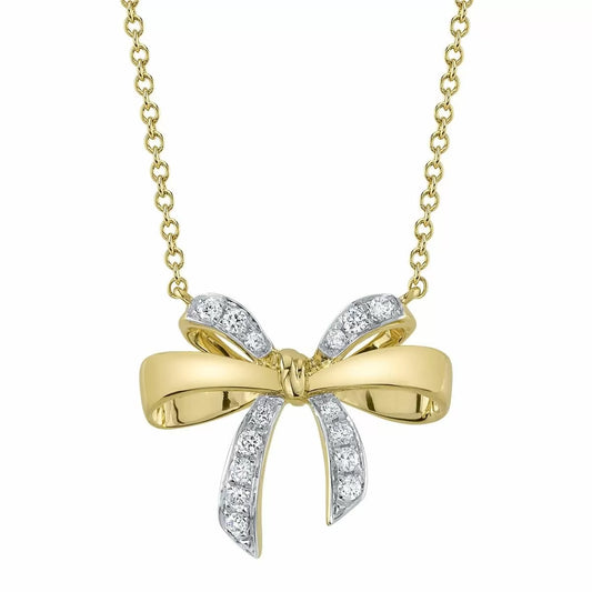 Lady S Collection 14k Yellow Gold Pave Diamond Bow Pendant Necklace